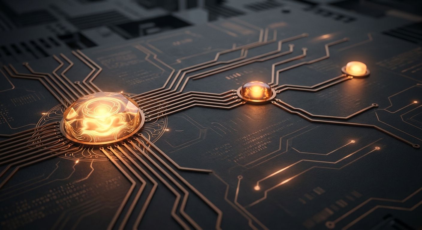 Three amber-lit nodes of graduated size along branching circuit traces on charcoal, depicting a hierarchy of Claude models