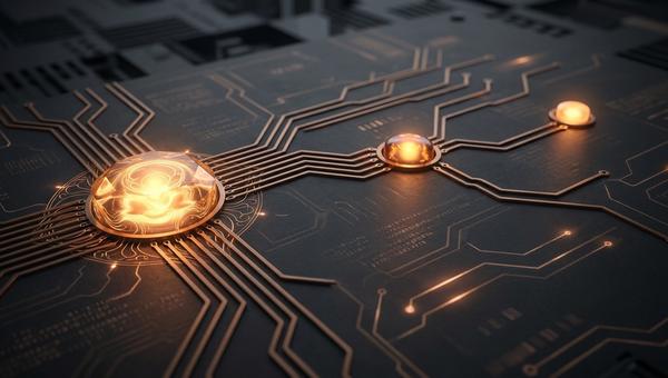 Three amber-lit nodes of graduated size along branching circuit traces on charcoal, depicting a hierarchy of Claude models