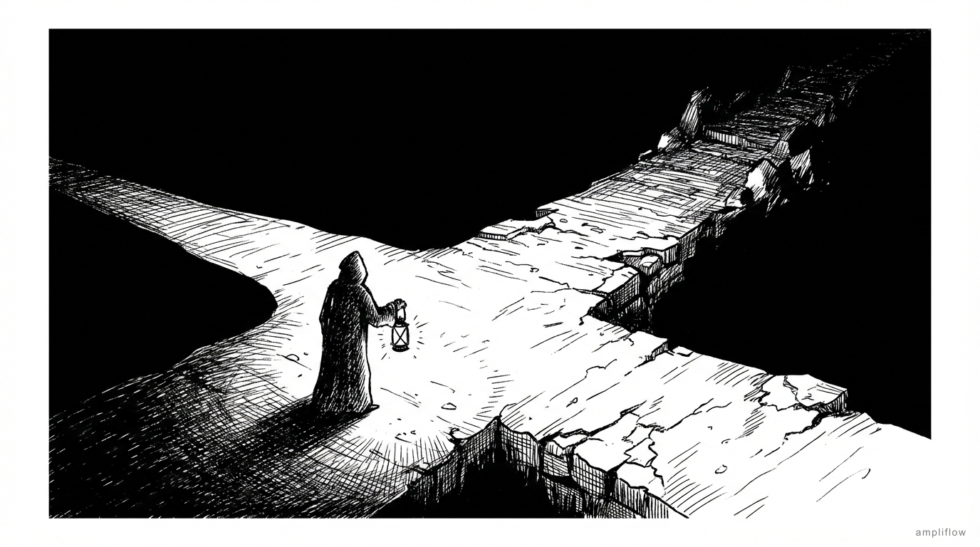 Pen and ink illustration of a figure with a lantern standing at a crossroads where paths diverge into darkness
