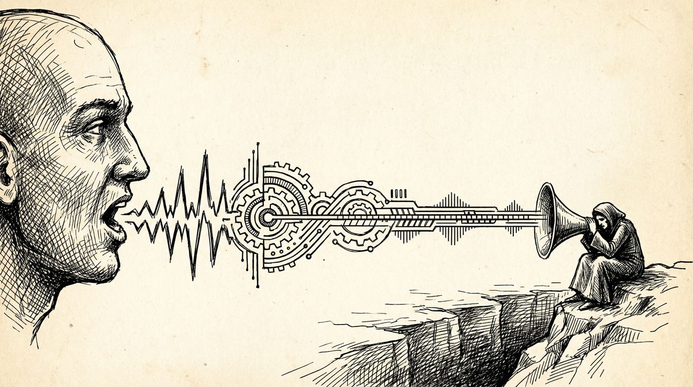 Pen and ink illustration of a human mouth speaking with sound waves transforming into mechanical waveforms