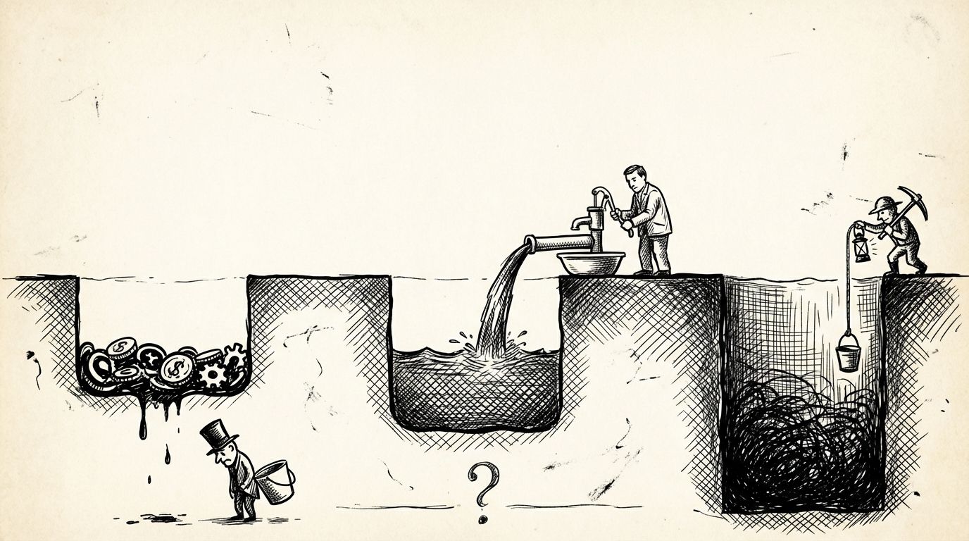 Pen and ink illustration of three wells of different depths side by side viewed in cross-section