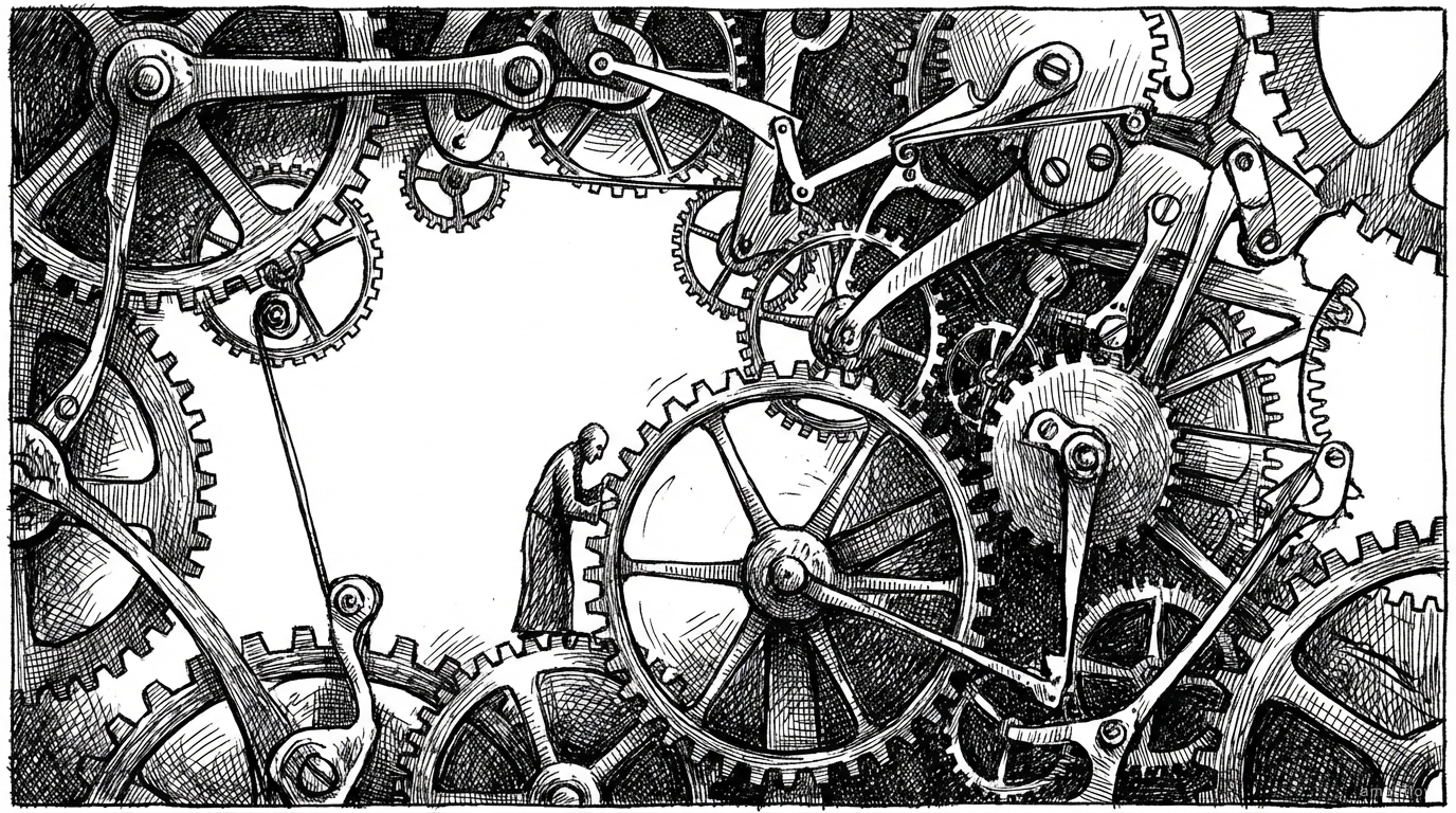 Pen and ink illustration of a tiny human figure standing inside a vast clockwork mechanism, hand on a gear
