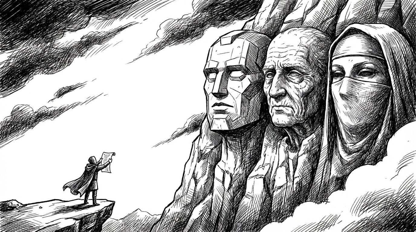Pen and ink illustration of a figure holding up a document before three enormous oracle faces carved into a cliff