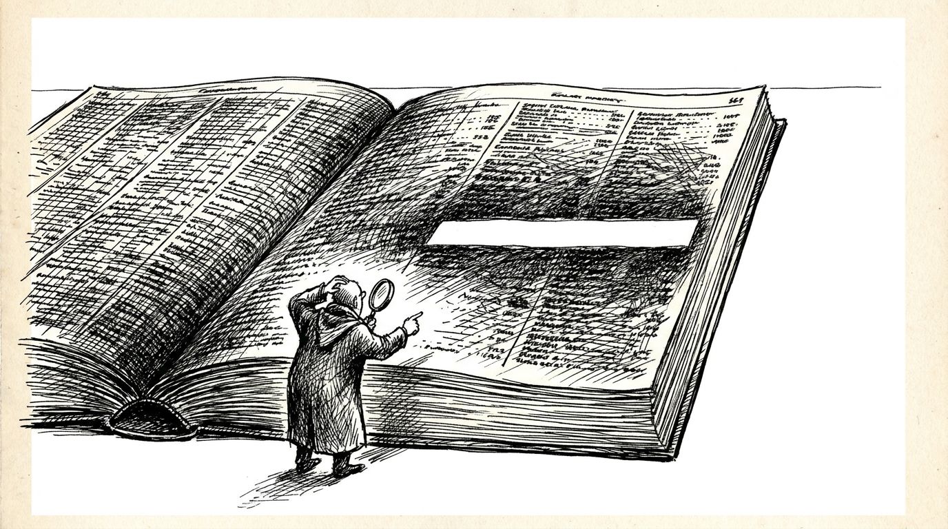 Pen and ink illustration of a small figure with magnifying glass inspecting a vast open book, where one row is conspicuously blank — an absent entry