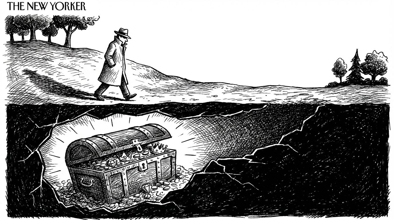 Pen and ink illustration of a treasure chest buried underground while a figure walks past obliviously above