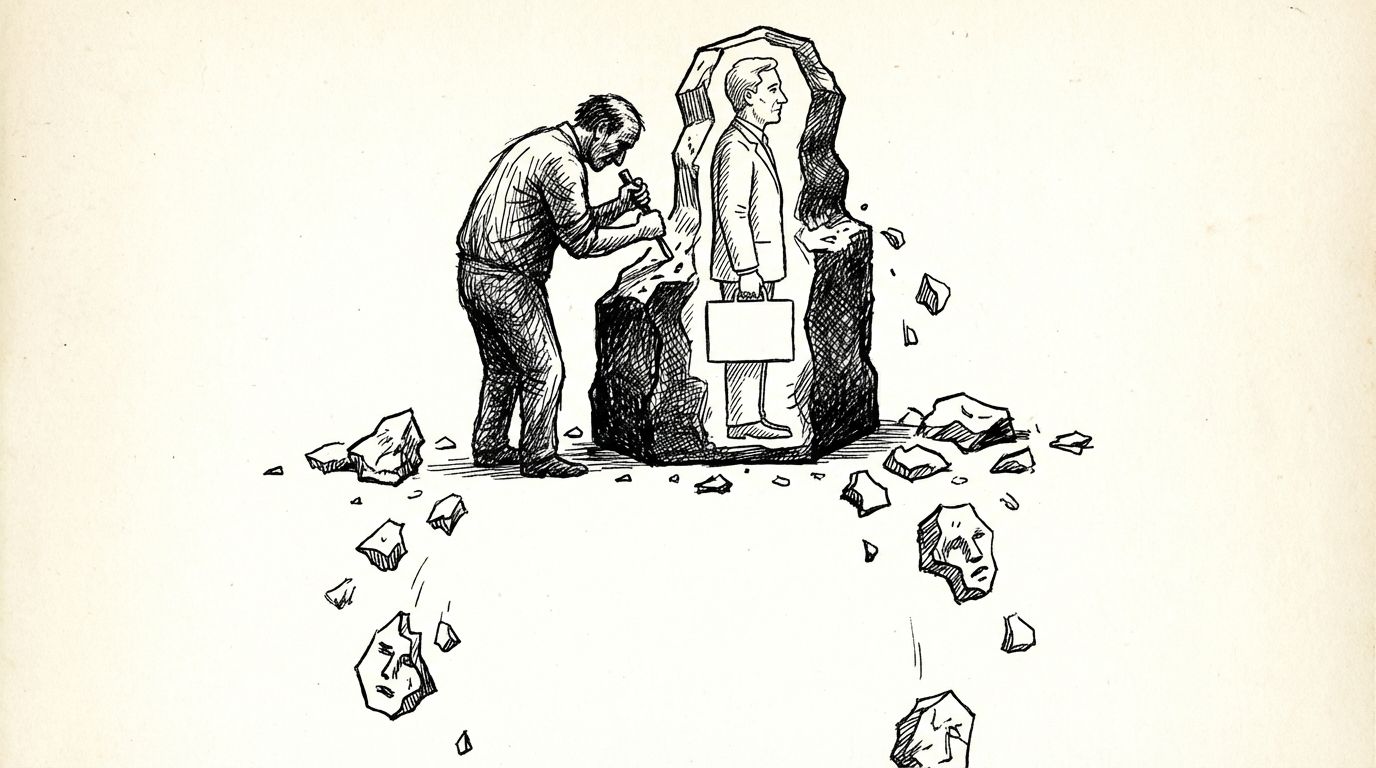 Pen and ink illustration of a sculptor chiselling a block of stone into the outline of their ideal customer