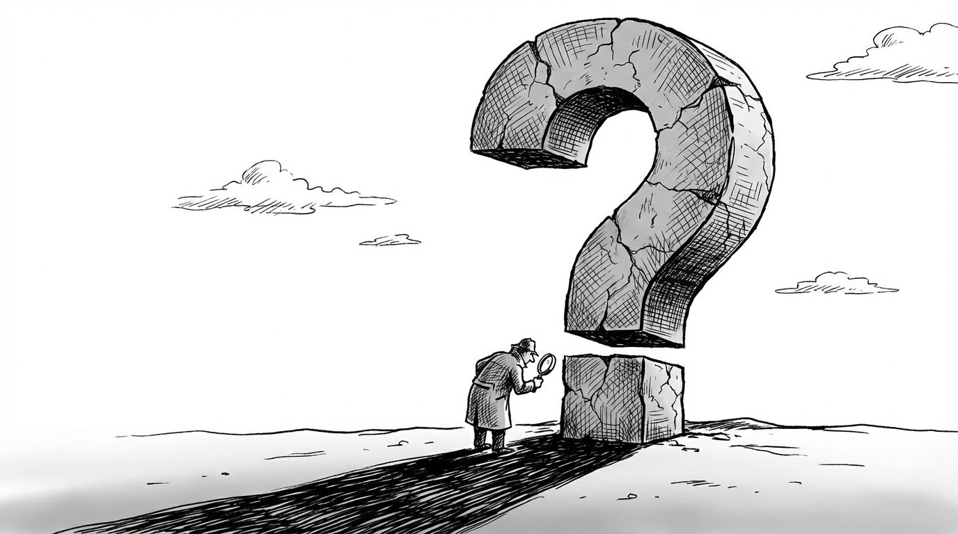 Pen and ink illustration of a question mark rendered as a towering monolith with a figure examining its base