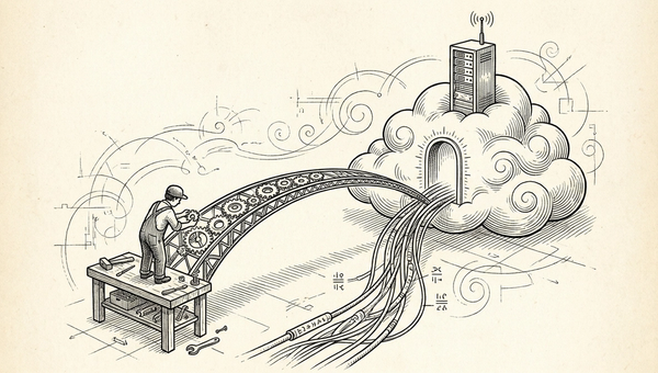 Pen and ink operator building a bridge from a local workbench to a cloud server gateway