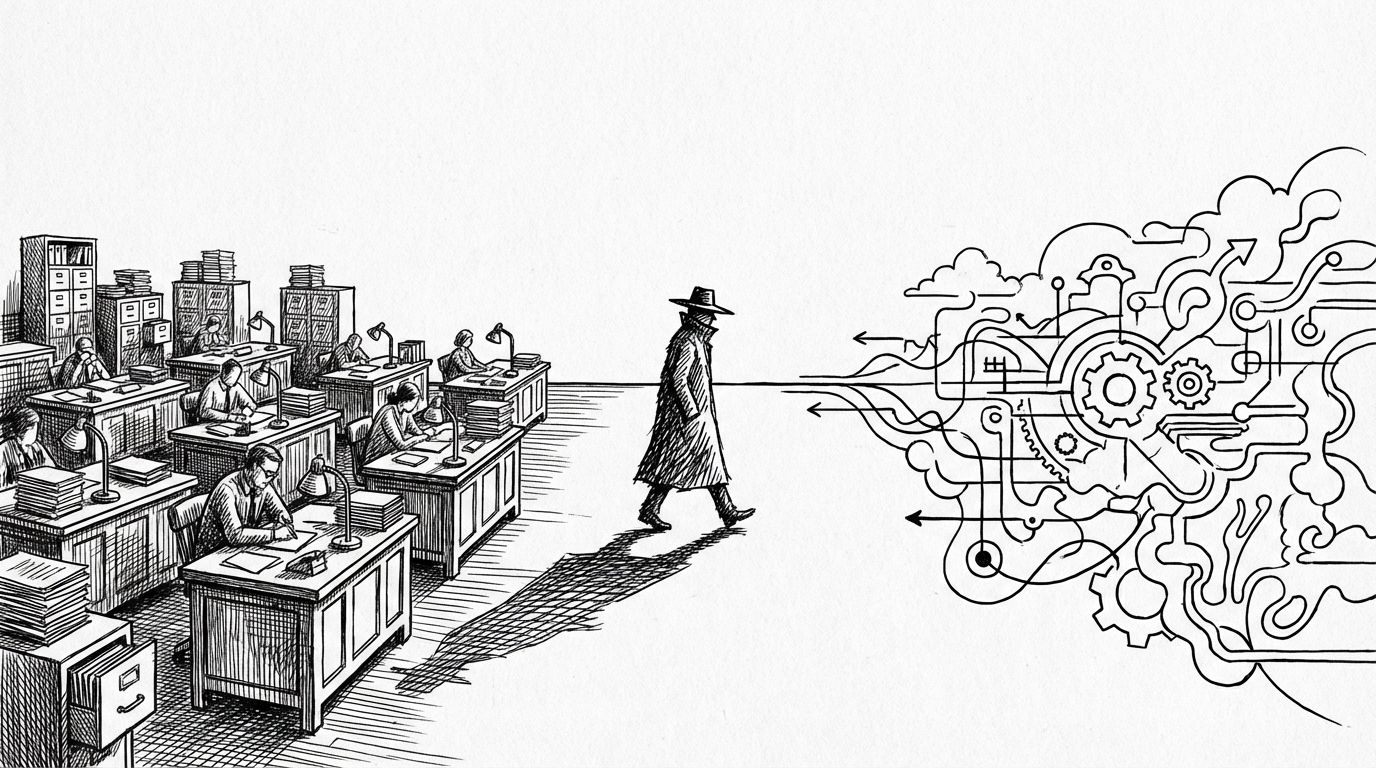 Pen and ink illustration of a horizon where traditional office merges with abstract autonomous systems