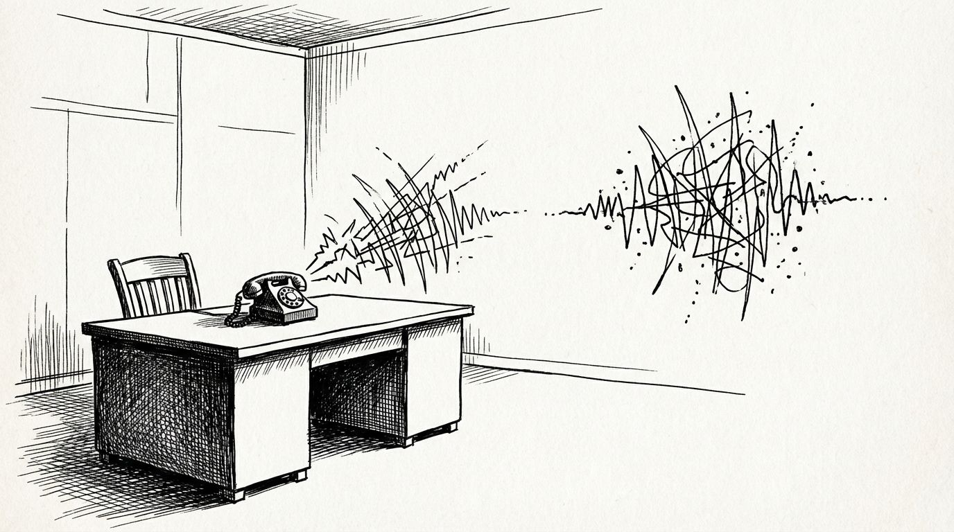 Pen and ink illustration of a telephone ringing in an empty office answered by an invisible presence