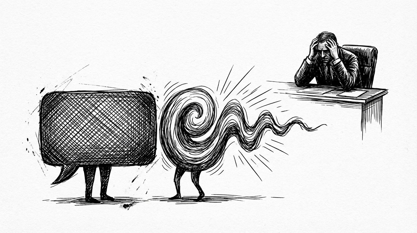 Pen and ink illustration of a text bubble and sound wave standing before a business owner who must choose