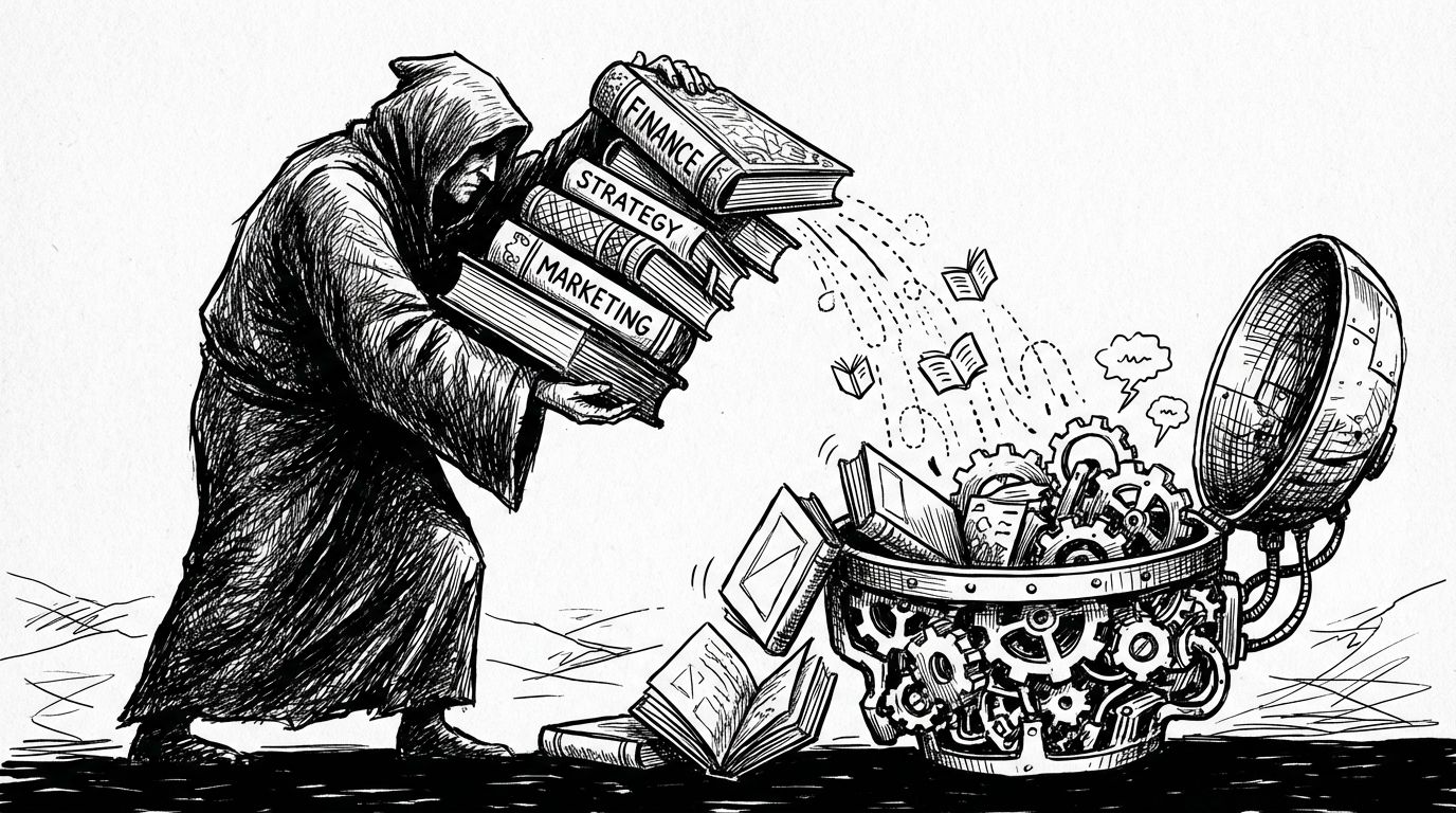 Pen and ink illustration of a figure pouring knowledge from books into a mechanical mind filled with gears