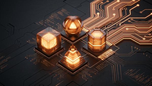 Four amber modular components clicking into a larger circuit on charcoal with faint etched code beneath, depicting Claude Code features