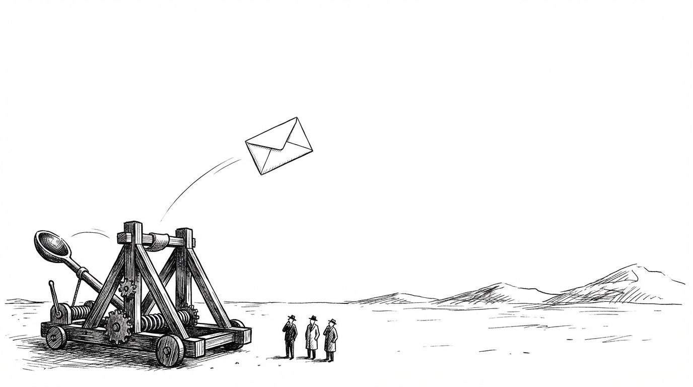 Pen and ink illustration of an envelope launched from a catapult mechanism into a vast empty sky