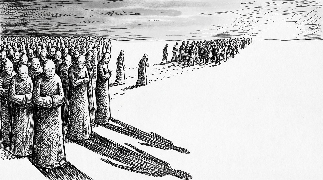 Pen and ink illustration of a crowd where 43 percent stand frozen while the rest move toward a brightening horizon