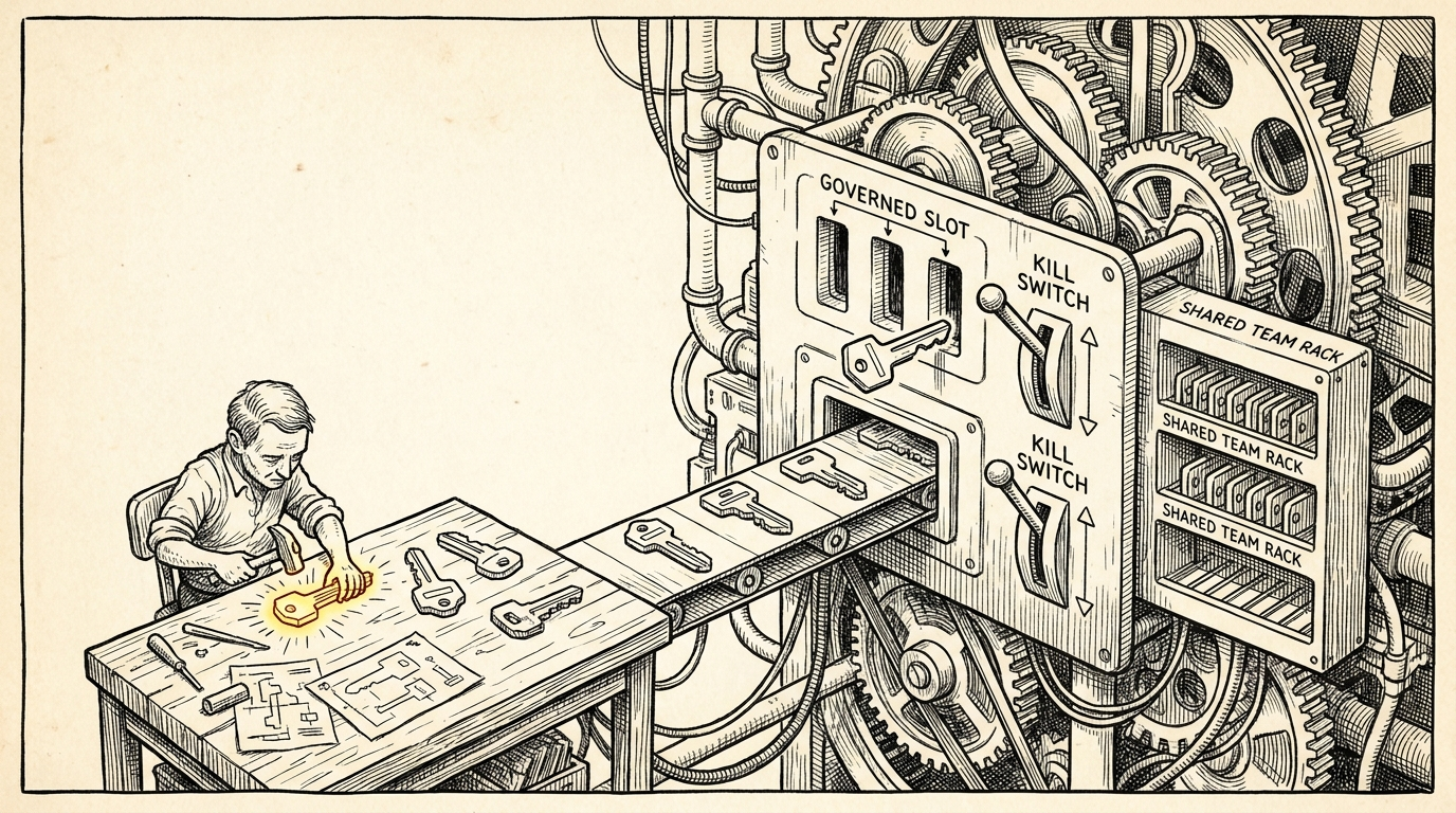 Pen and ink craftsperson forging modular skill keys for a governed agent mechanism