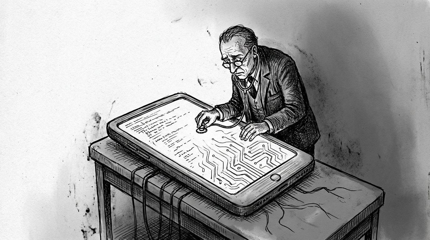 Pen and ink illustration of a doctor examining a website-shaped patient with a stethoscope
