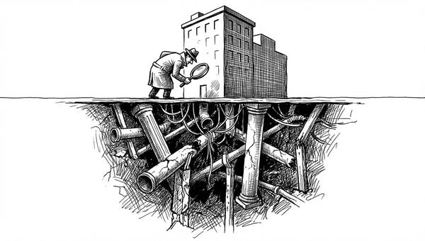 Pen and ink illustration of a figure with magnifying glass examining a building foundation for hidden defects