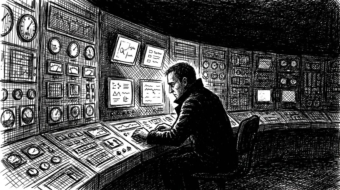 Pen and ink illustration of a control room operator studying illuminated gauges on a vast dark dashboard