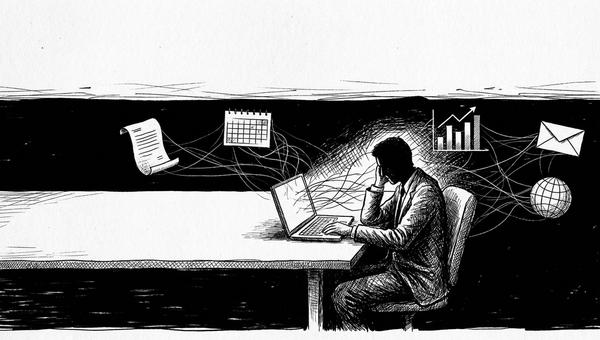 Editorial illustration of a solitary figure at a laptop with spectral threads connecting to floating task icons representing AI agent mode orchestrating business workflows
