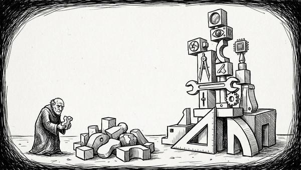 Pen and ink illustration of a tower being built from different shaped blocks with a figure selecting the next
