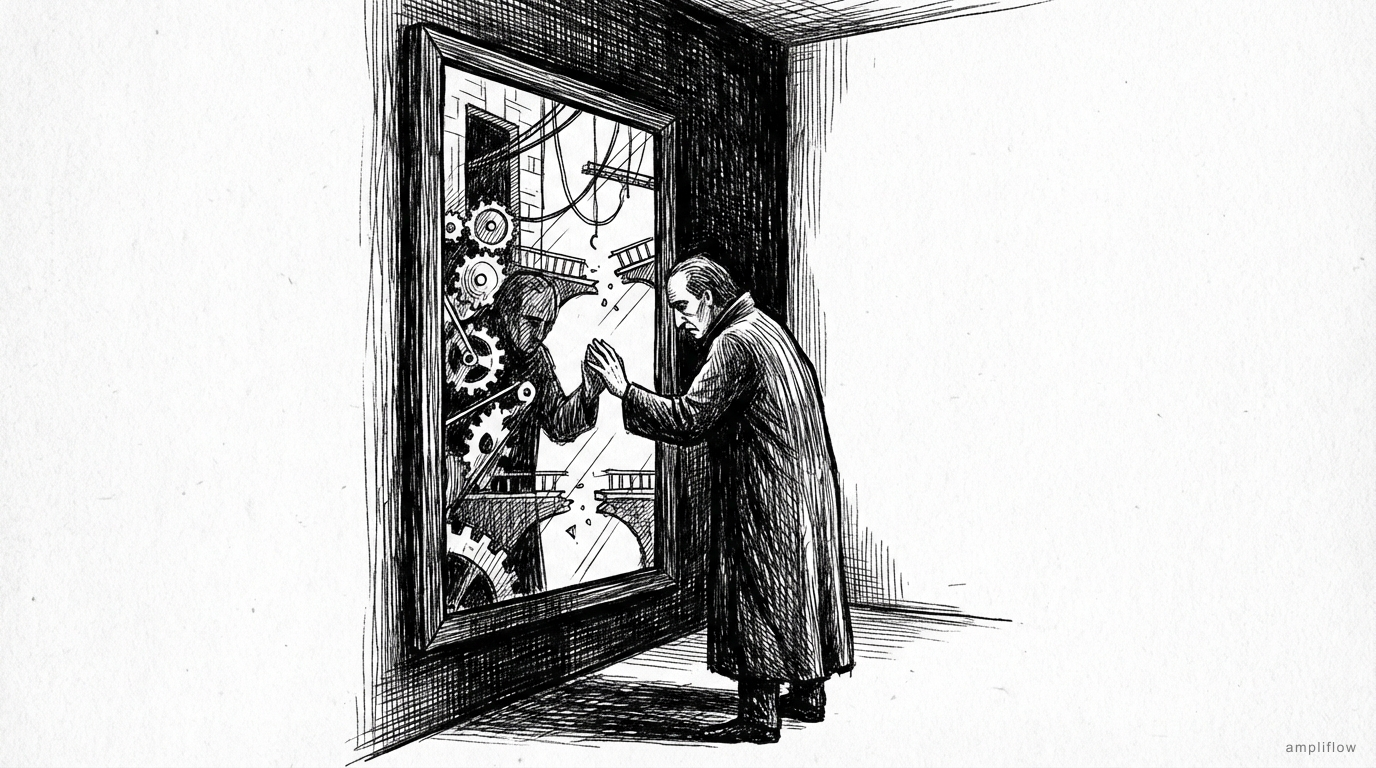 Pen and ink illustration of a figure standing before a mirror showing their internal architecture
