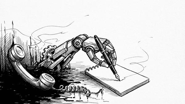 Pen and ink illustration of a telephone handset melting and reforming into a robotic hand mid-transformation