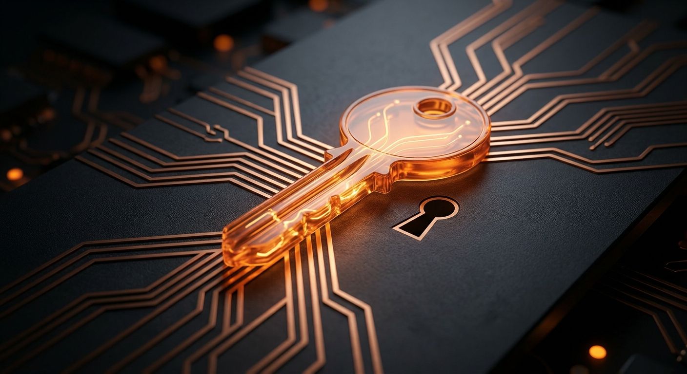 A single glowing amber key resting on a dark circuit board with traces igniting outward, depicting an Anthropic API key
