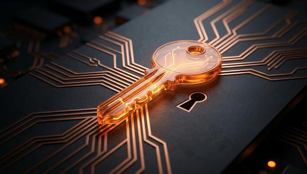 A single glowing amber key resting on a dark circuit board with traces igniting outward, depicting an Anthropic API key