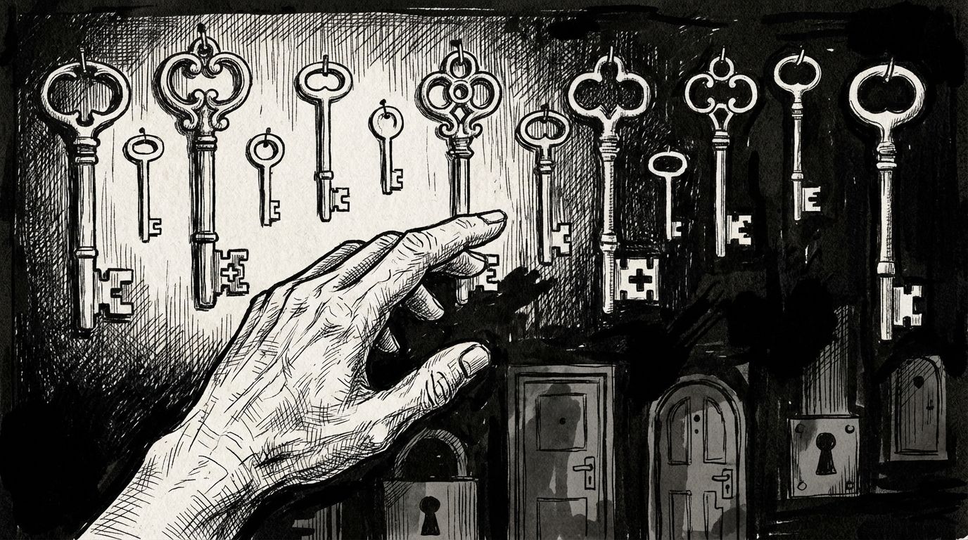 Pen and ink illustration of ten skeleton keys hanging on a wall, each unique, a hand reaching for one