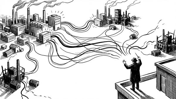 A person directing connected workflows between factories and business sites