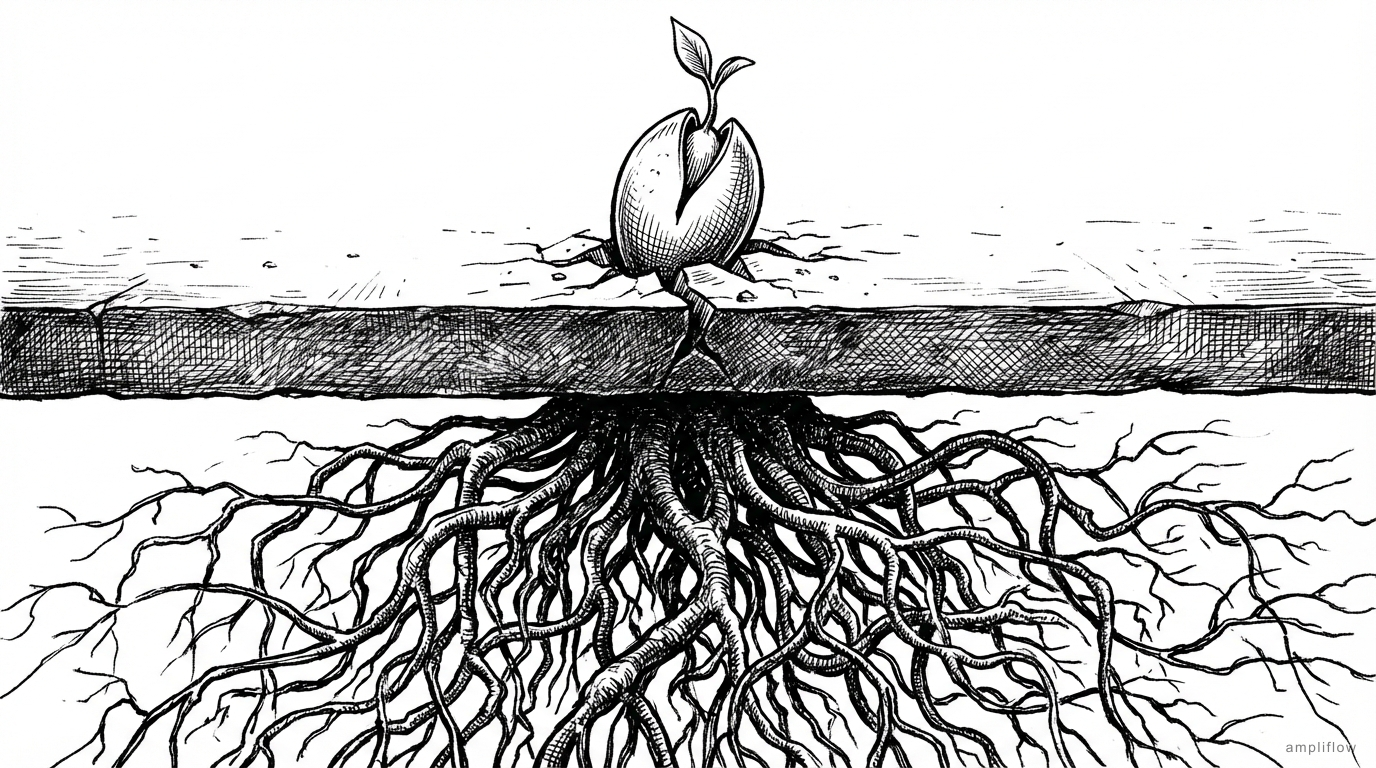 Pen and ink illustration of a seed cracking through concrete with vast intricate root system below