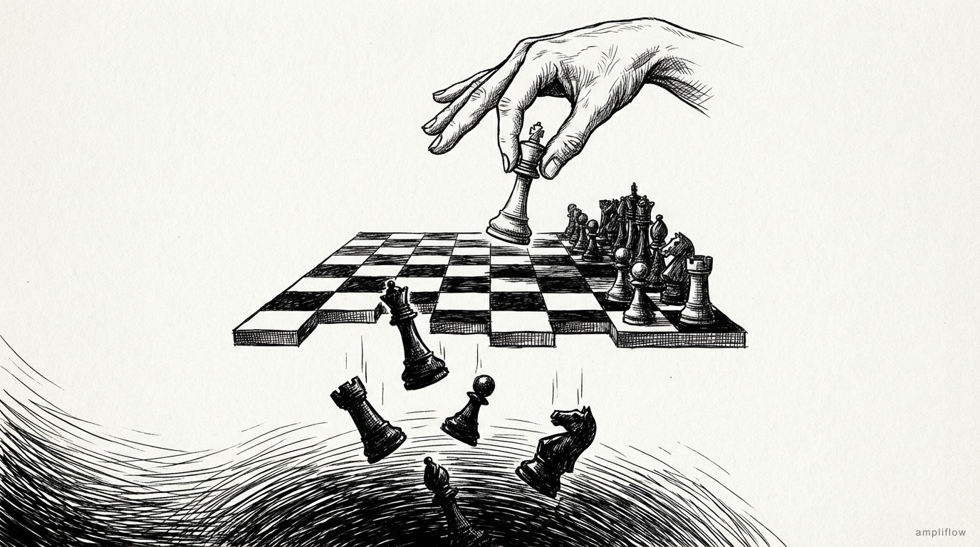 Pen and ink illustration of a chess game with pieces falling off the board into the void below