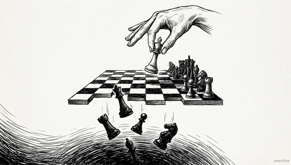 Pen and ink illustration of a chess game with pieces falling off the board into the void below