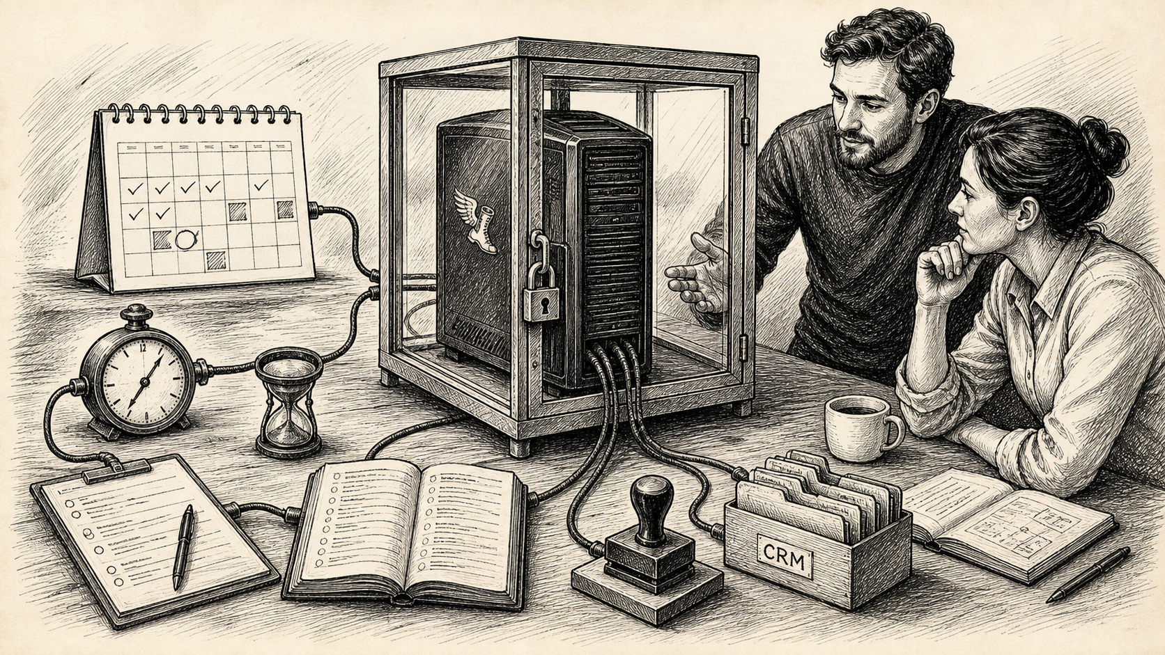 Pen and ink illustration of a secure server cabinet connected to logs, cron scheduling, CRM folders, and human approval controls