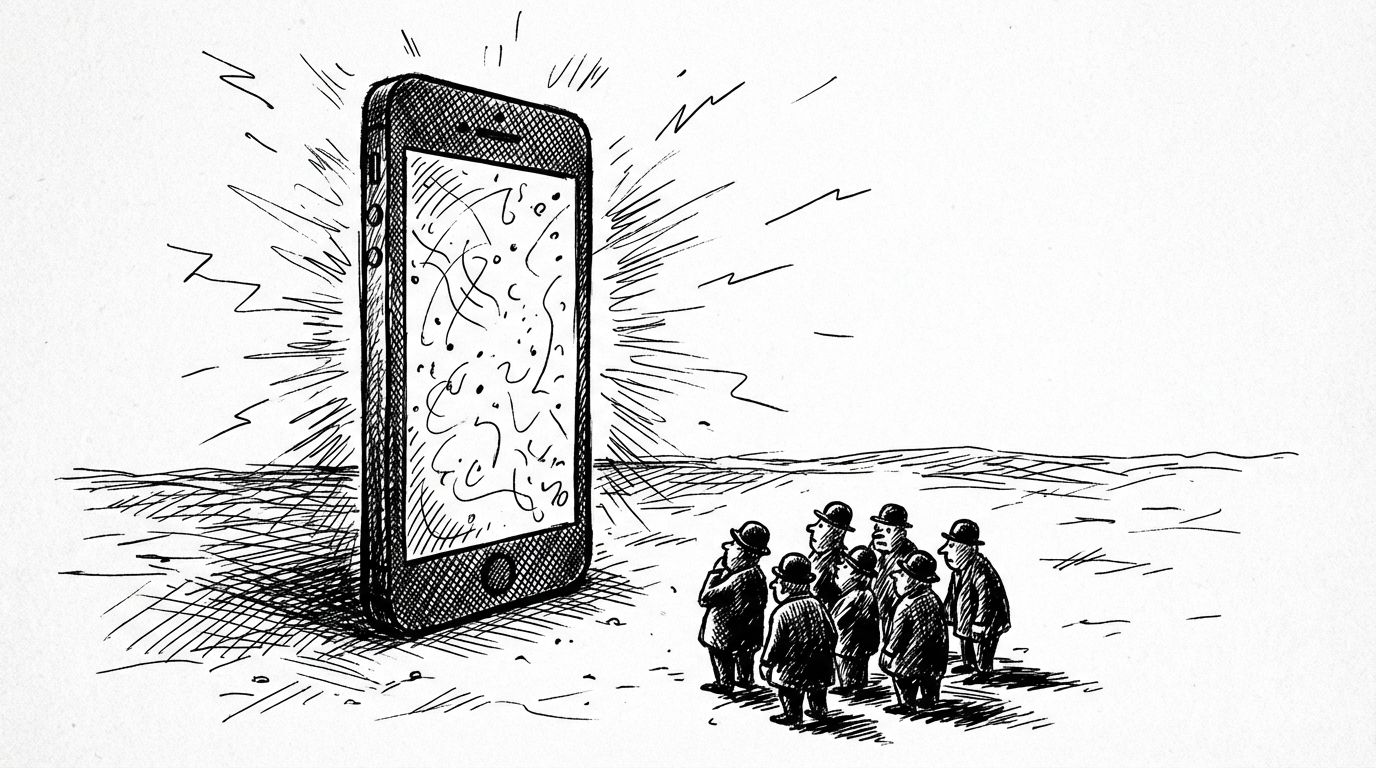 Pen and ink illustration of a phone screen standing like a monolith with tiny figures gathered around looking up
