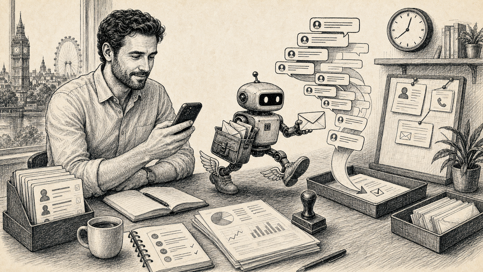 Pen and ink illustration of a business owner receiving structured WhatsApp-style workflow summaries from an autonomous agent for human approval