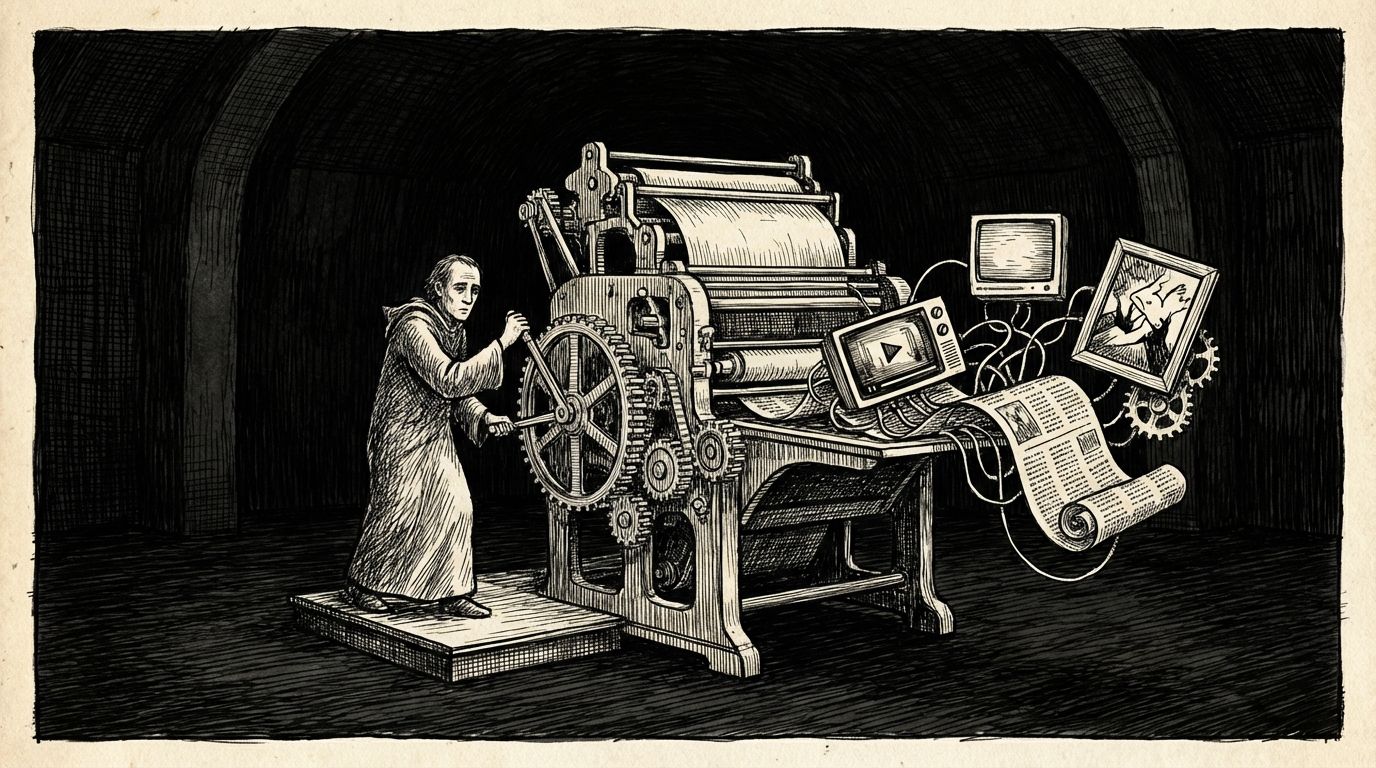 Pen and ink illustration of a printing press producing images, videos and text simultaneously from a single lever pull