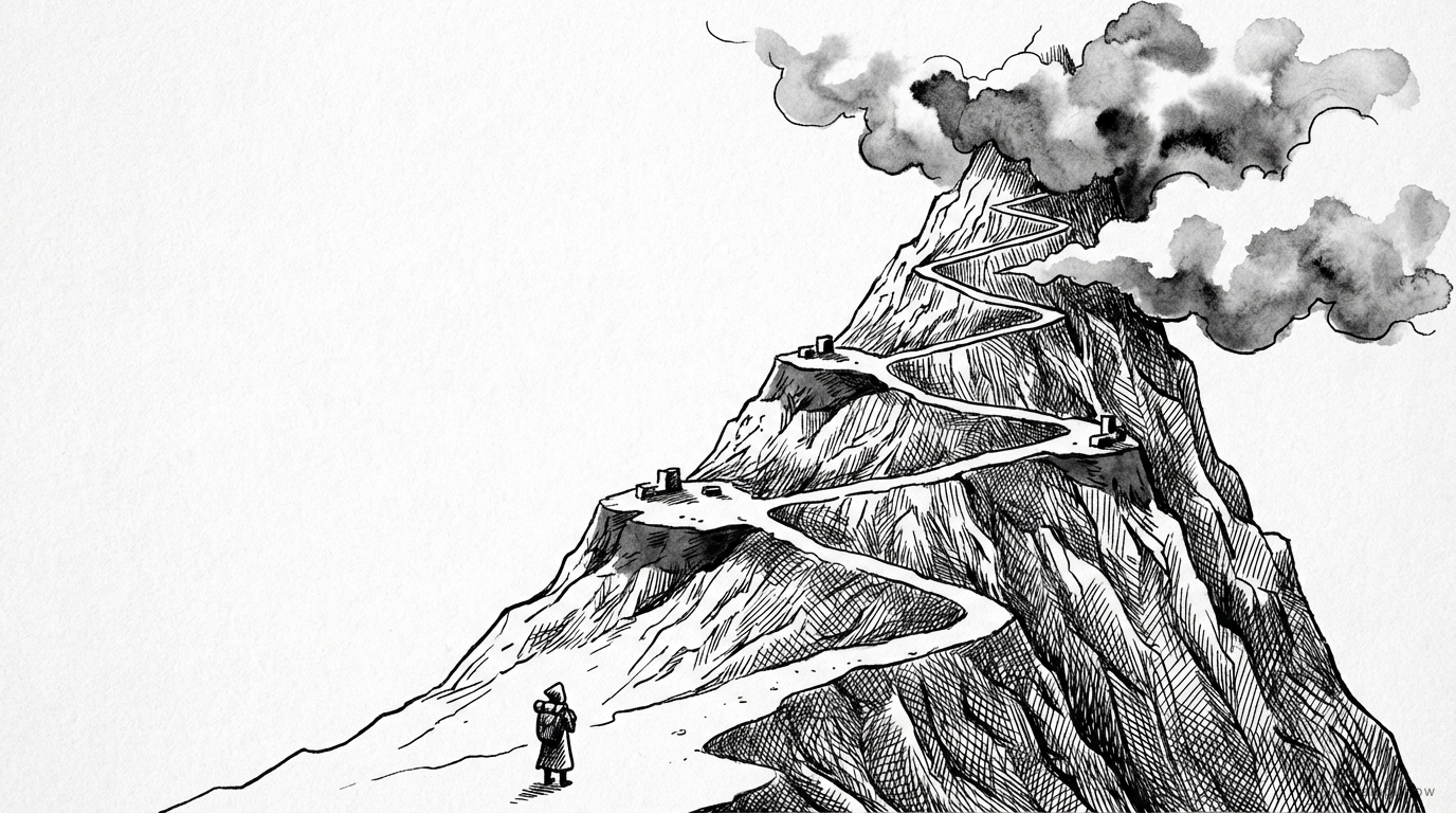 Pen and ink illustration of a winding mountain path with three plateaus and a figure at the base looking up