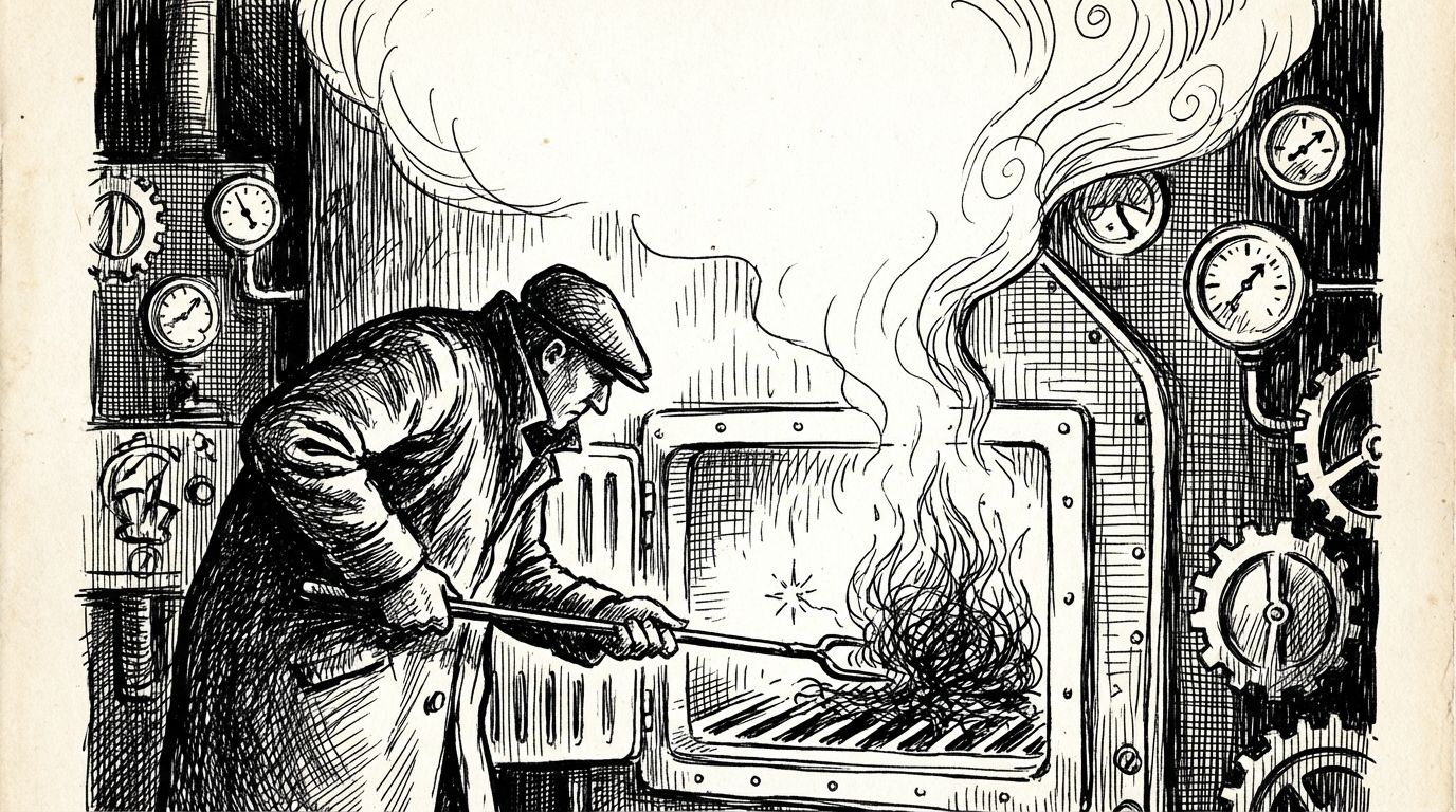 Pen and ink illustration of a furnace being carefully stoked from a tiny spark to a steady flame