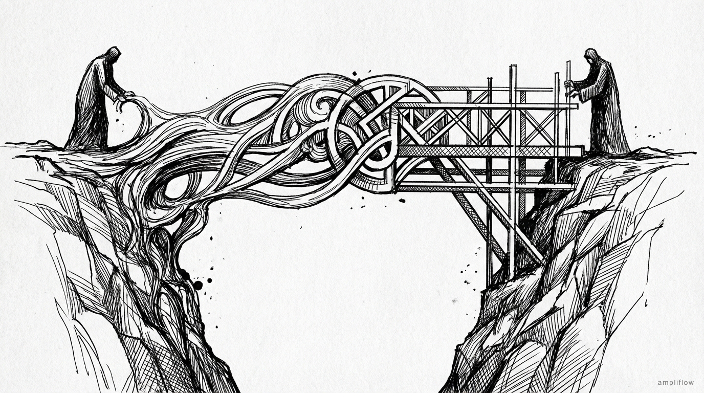 Pen and ink illustration of two figures building a bridge from opposite sides of a ravine, one artistic, one mechanical