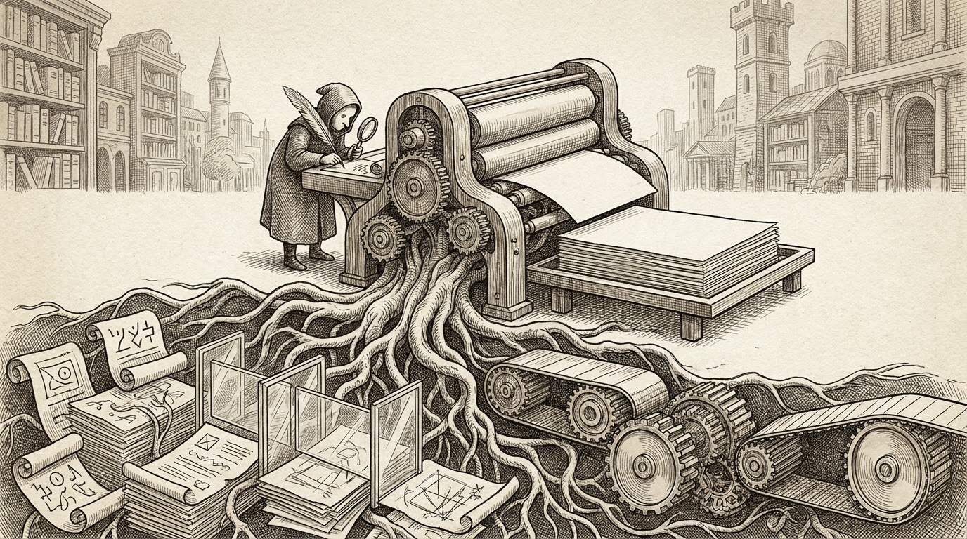 Pen and ink editor tending a printing press rooted in research, drafts, and approvals