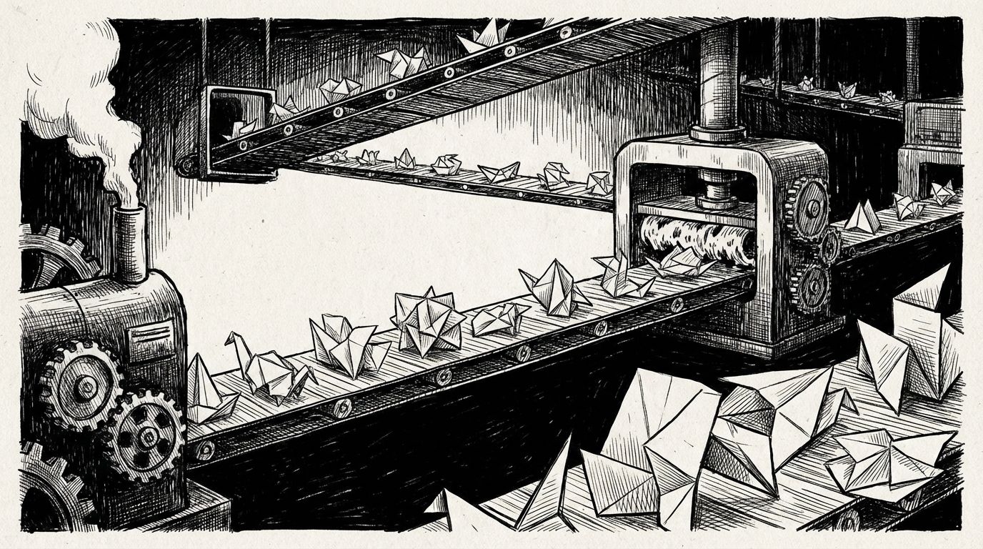 Pen and ink illustration of a factory floor with conveyor belts carrying origami stories from a humming engine