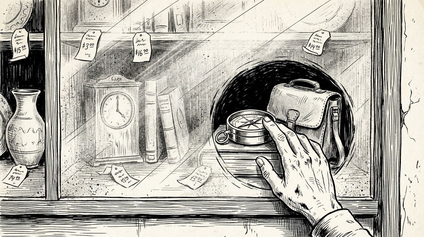 Pen and ink illustration of a dusty shop window with a hand wiping a circle clean revealing treasures inside