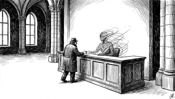 Pen and ink illustration of a reception desk with a silhouette made of flowing lines greeting a visitor