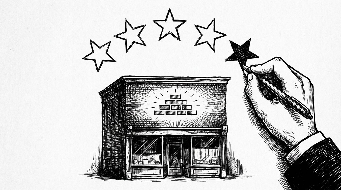Pen and ink illustration of five stars above a shopfront with a hand filling in the last star