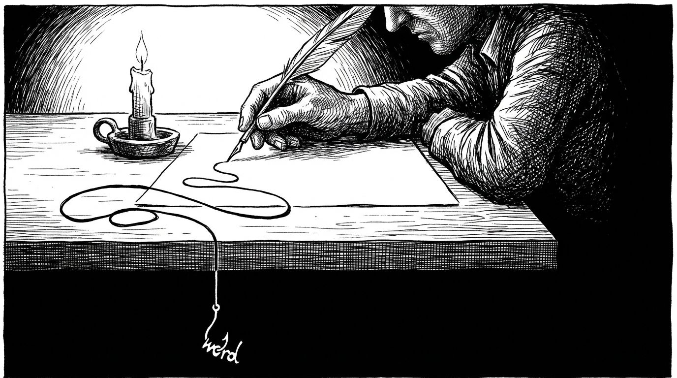 Pen and ink illustration of a hand writing by candlelight with the first line hooking downward like a fishing line