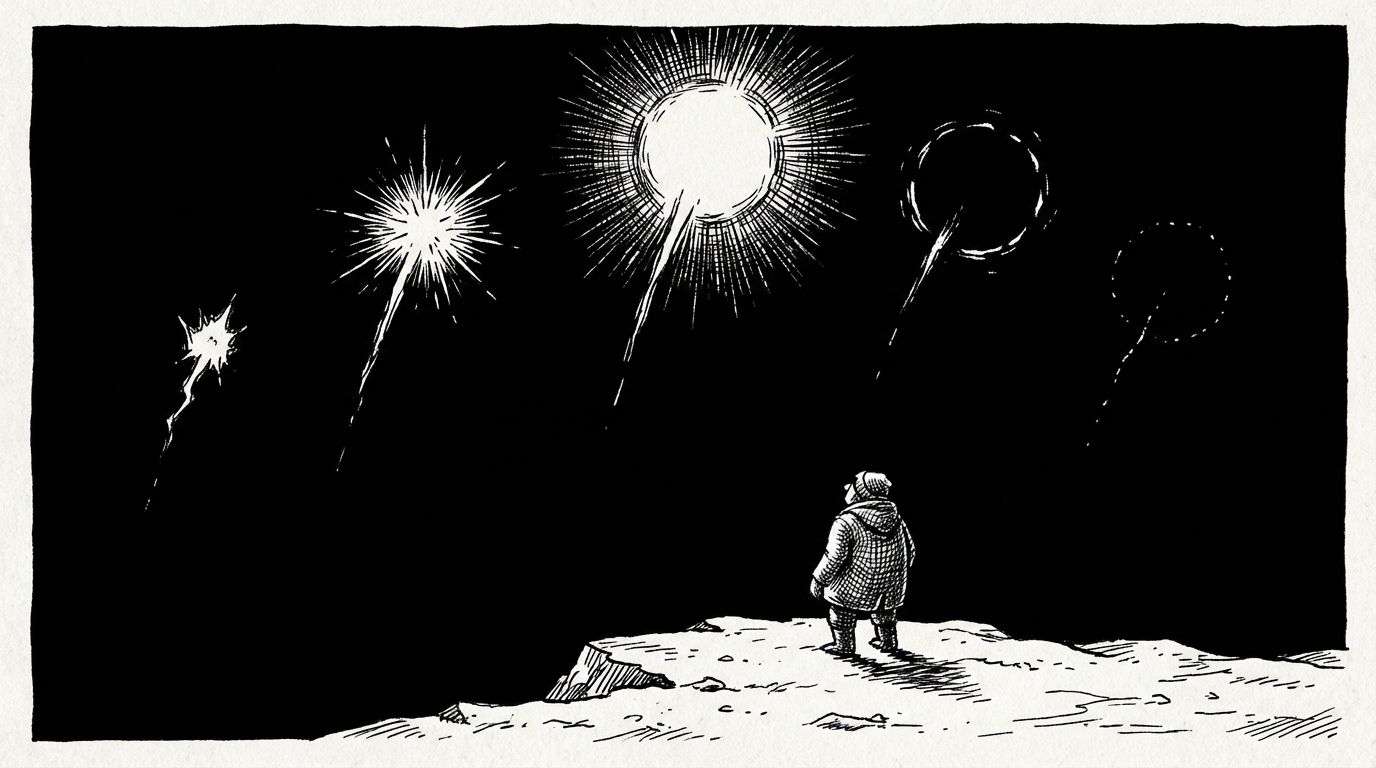 Pen and ink illustration of five warning flares ascending into a night sky at different stages of burning