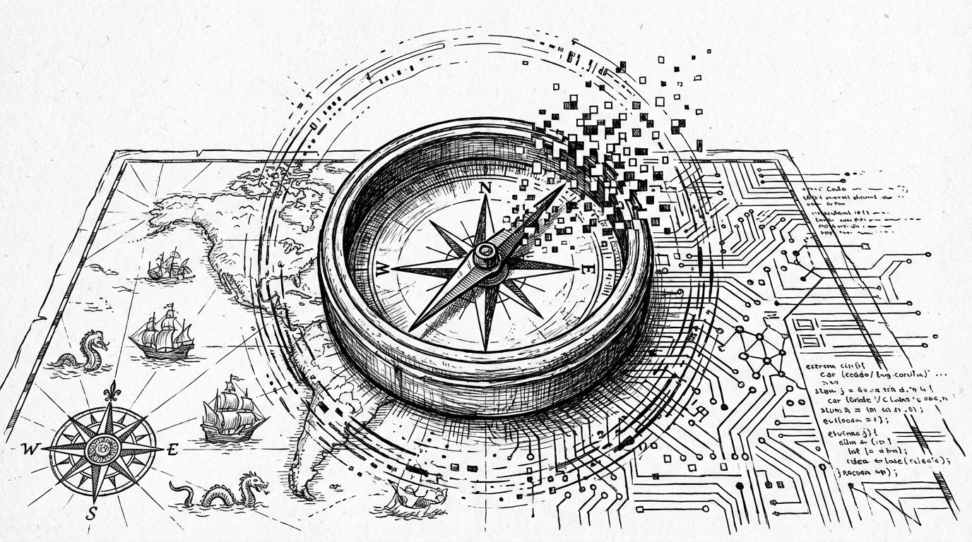 Pen and ink illustration of a compass whose needle is half traditional pointer, half dissolving into digital particles