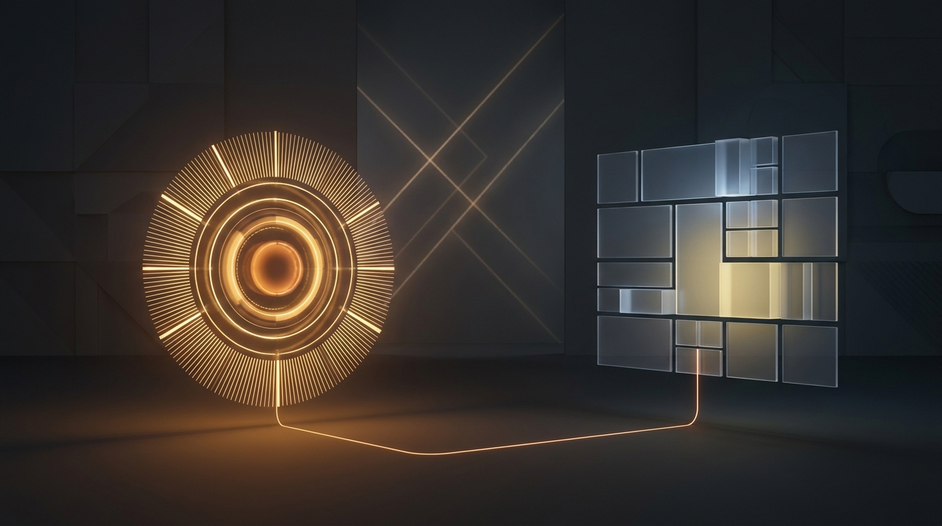 Abstract amber-on-charcoal comparison of an autonomous coding console and an editor workspace